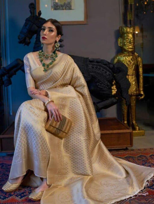 Demesne Beige Kanjivaram Silk Saree With Demure Blouse Piece