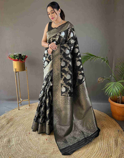 Angelic Silver Black Soft Banarasi Silk Saree With Panoply Blouse Piece