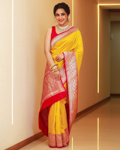 Designer Yellow Soft Banarasi Silk Saree With Flamboyant Blouse Piece