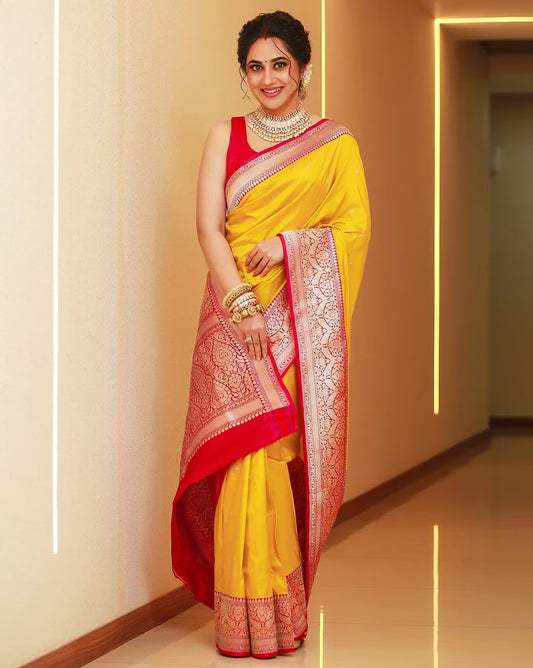Designer Yellow Soft Banarasi Silk Saree With Flamboyant Blouse Piece