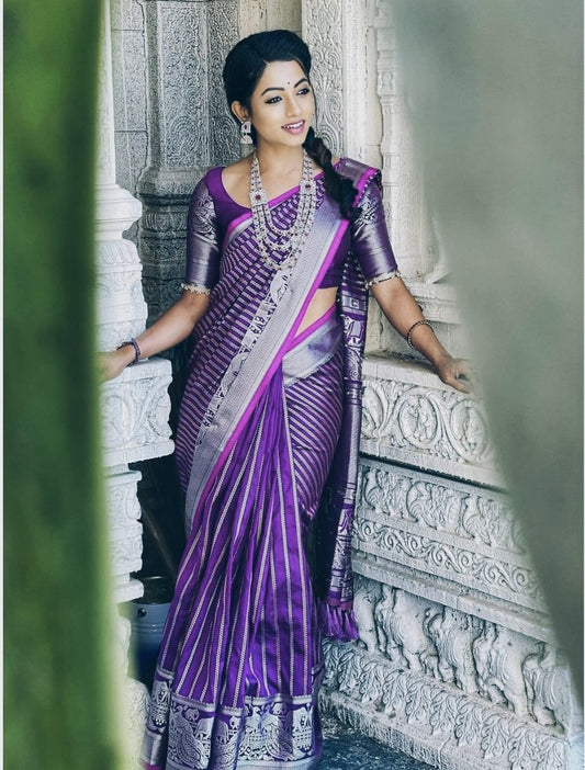 Effervescent Wine Soft Banarasi Silk Saree With Elision Blouse Piece