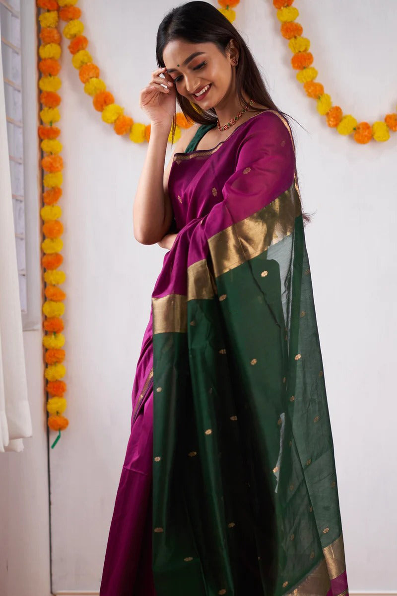 Flattering Purple Cotton Silk Saree With Extraordinary Blouse Piece