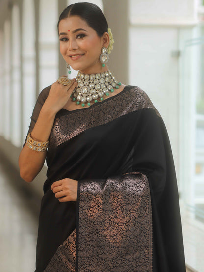 Tremendous Black Soft Banarasi Silk Saree With Supernal Blouse Piece