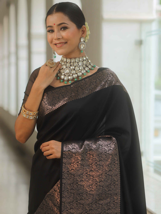 Tremendous Black Soft Banarasi Silk Saree With Supernal Blouse Piece