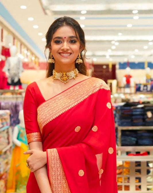 A glam Red Soft Silk Saree With Classic Blouse Piece