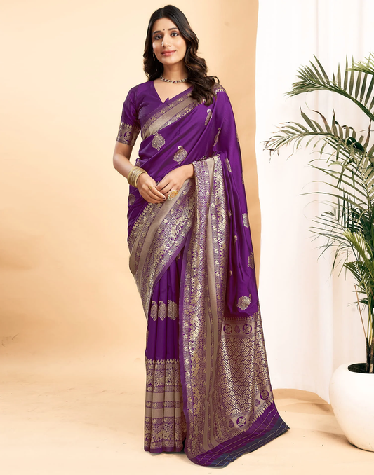 Mesmeric Purple Soft Banarasi Silk Saree With Inspiring Blouse Piece