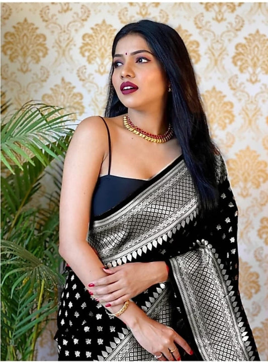 Lassitude Black Soft Banarasi Silk Saree With Lissome Blouse Piece