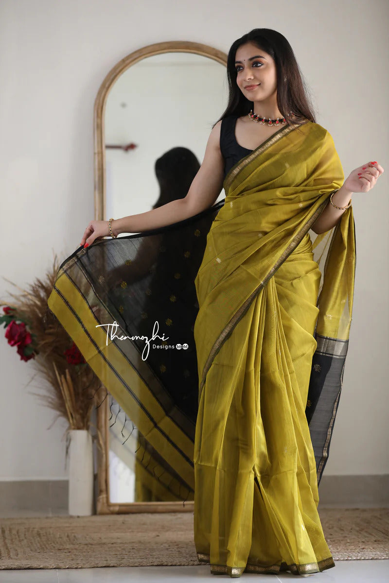 Mesmeric Mehandi Black Soft Banarasi Silk Saree With Opulent Blouse Piece