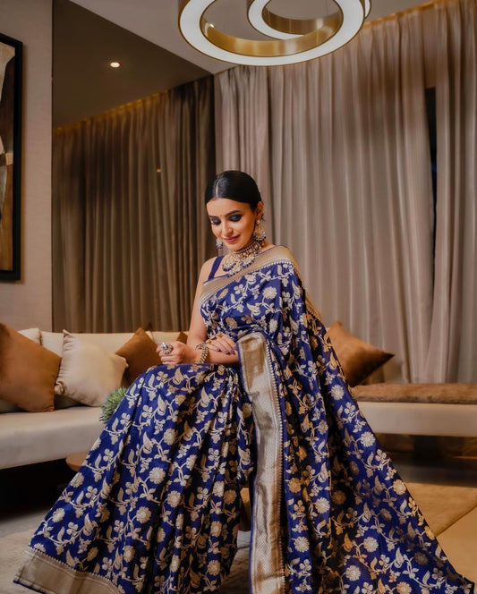 Imbrication Dark Blue Soft Silk Saree With Embellished Blouse Piece