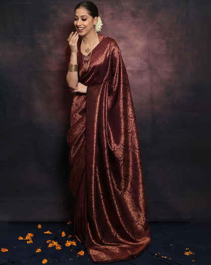 Beauteous Maroon Soft Silk Saree With Demure Blouse Piece