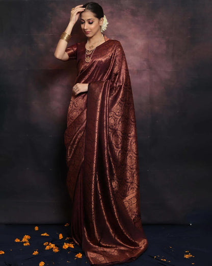 Staggering Maroon Banarasi Silk Saree With Smashing Blouse Piece
