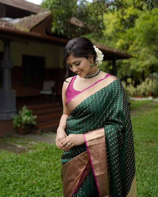 Staggering Green Soft Banarasi Silk Saree With Imaginative Blouse Piece