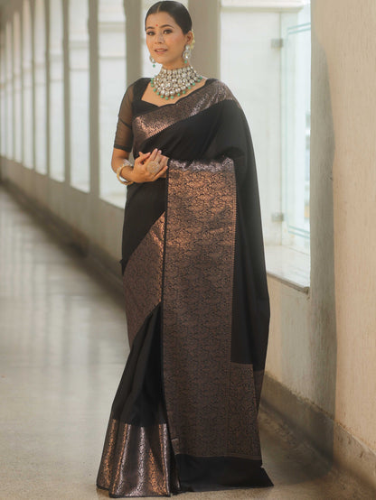 Tremendous Black Soft Banarasi Silk Saree With Supernal Blouse Piece