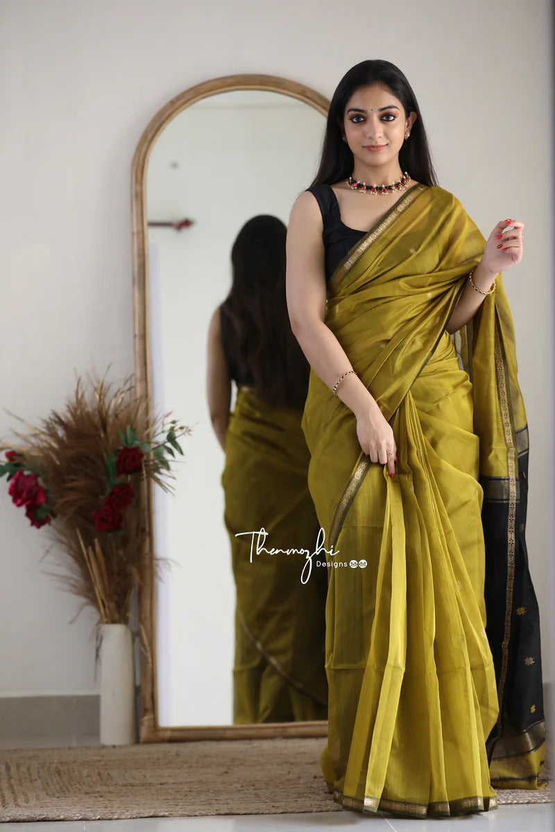 Mesmeric Mehandi Black Soft Banarasi Silk Saree With Opulent Blouse Piece