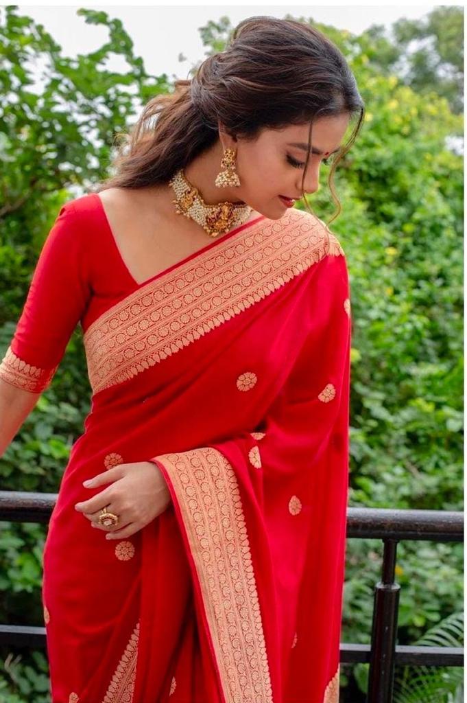 A glam Red Soft Silk Saree With Classic Blouse Piece