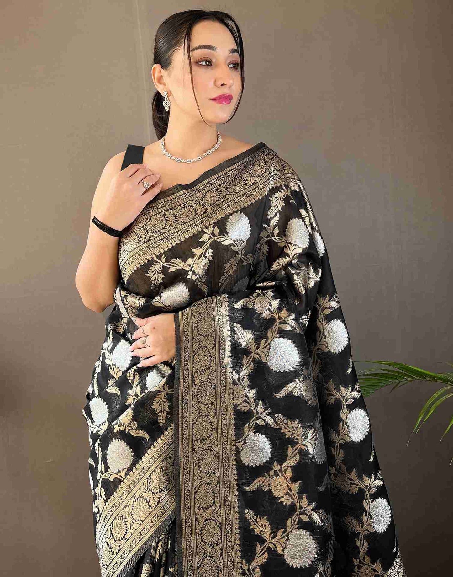 Angelic Silver Black Soft Banarasi Silk Saree With Panoply Blouse Piece