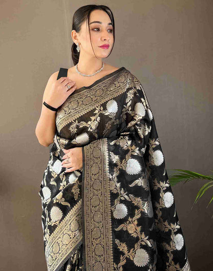 Angelic Silver Black Soft Banarasi Silk Saree With Panoply Blouse Piece