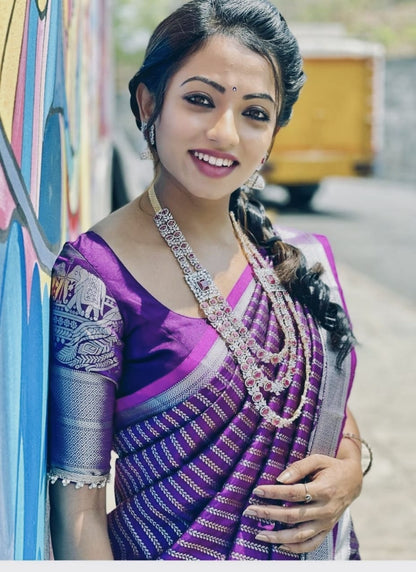 Effervescent Wine Soft Banarasi Silk Saree With Elision Blouse Piece