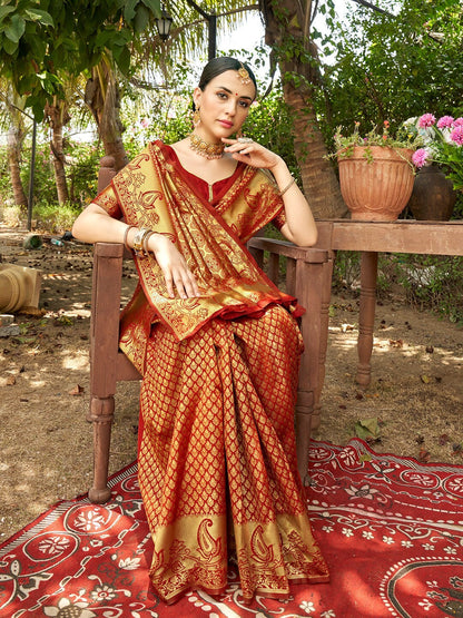 Stunner Red Soft Banarasi Silk Saree With Ideal Blouse Piece