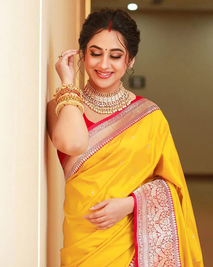 Designer Yellow Soft Banarasi Silk Saree With Flamboyant Blouse Piece
