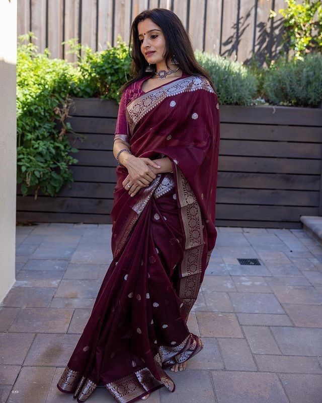 Lissome Wine Soft Silk Saree With Desultory Blouse Piece