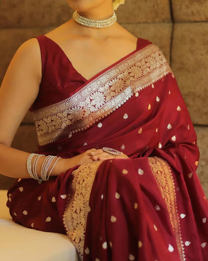 Evocative Dark Maroon Soft Banarasi Silk Saree With Admirable Blouse Piece
