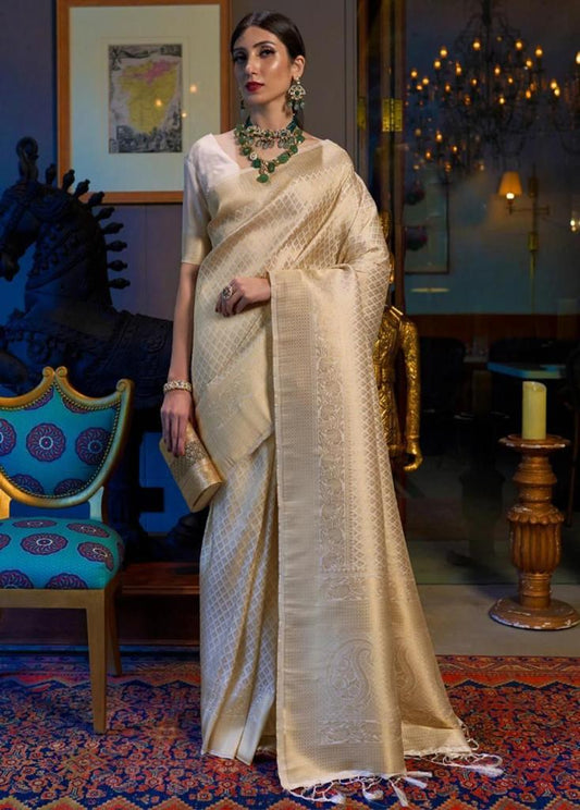 Demesne Beige Kanjivaram Silk Saree With Demure Blouse Piece