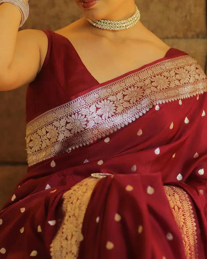 Evocative Dark Maroon Soft Banarasi Silk Saree With Admirable Blouse Piece