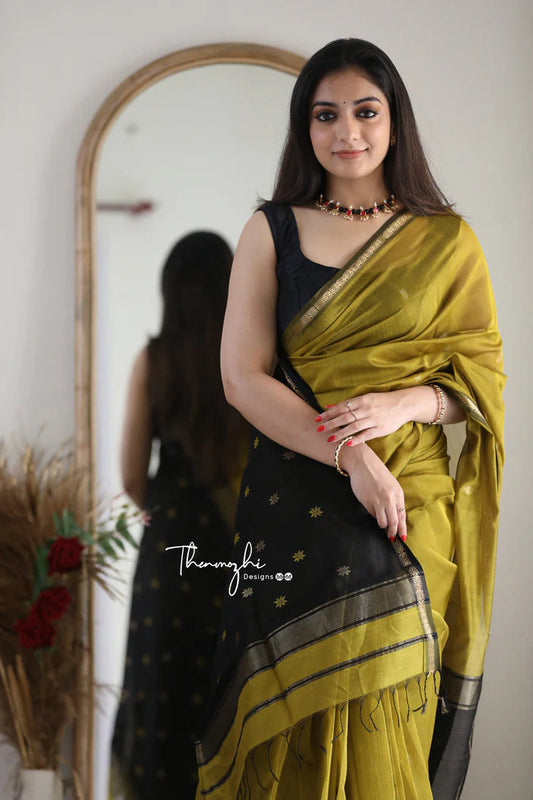 Mesmeric Mehandi Black Soft Banarasi Silk Saree With Opulent Blouse Piece