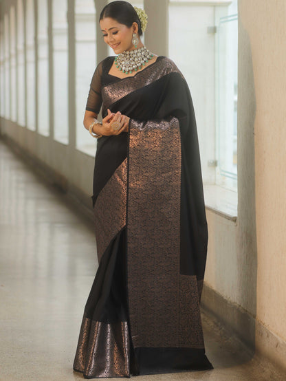Tremendous Black Soft Banarasi Silk Saree With Supernal Blouse Piece