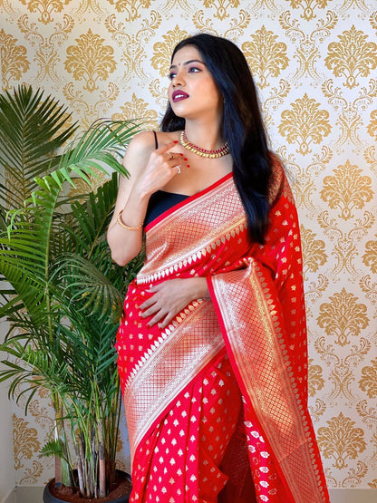 Lassitude Red Soft Banarasi Silk Saree With Lissome Blouse Piece