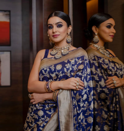 Imbrication Dark Blue Soft Silk Saree With Embellished Blouse Piece