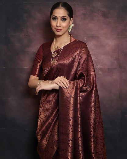 Staggering Maroon Banarasi Silk Saree With Smashing Blouse Piece