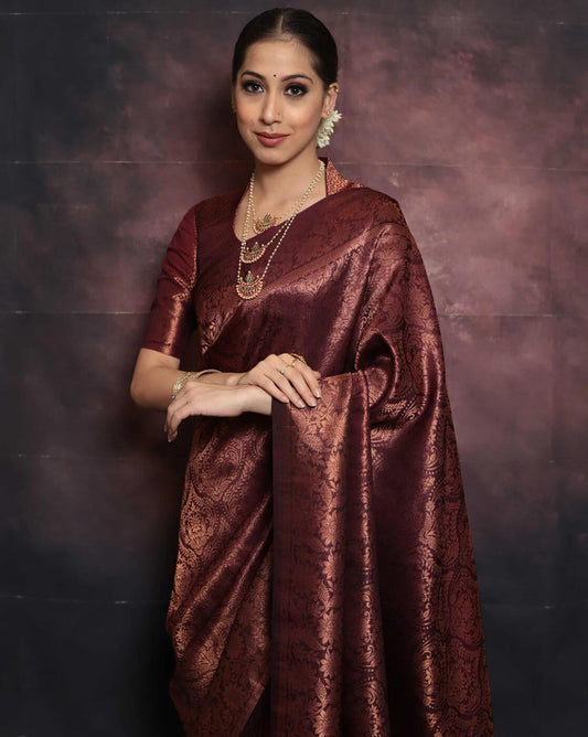 Staggering Maroon Banarasi Silk Saree With Smashing Blouse Piece