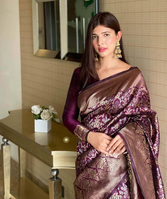 Captivating Wine Soft Silk Saree With Prominent Blouse Piece