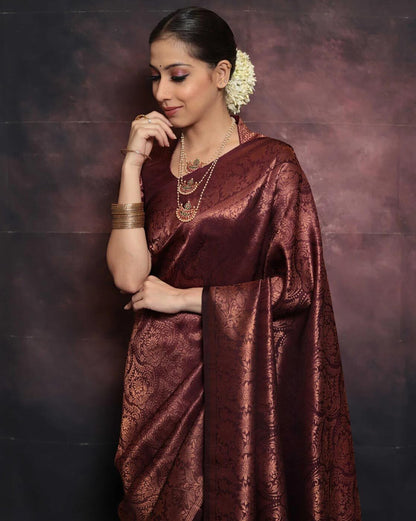 Staggering Maroon Banarasi Silk Saree With Smashing Blouse Piece