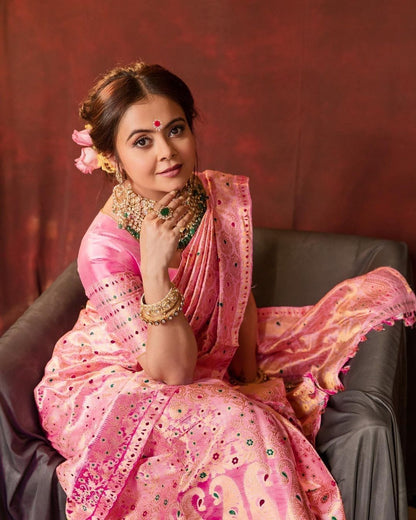 Opulent Pink Soft Banarasi Silk Saree With Ethnic Blouse Piece