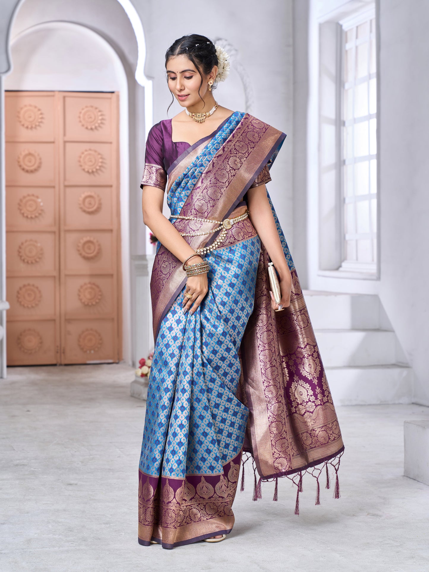 Staggering Firozi Soft Banarasi Silk Saree With Imaginative Blouse Piece