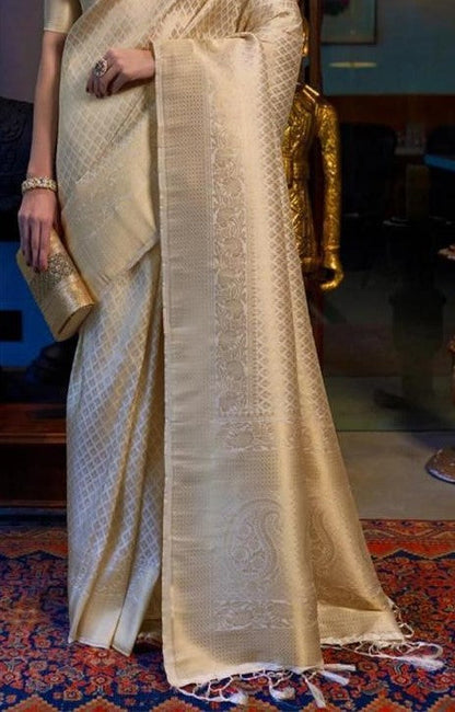 Demesne Beige Kanjivaram Silk Saree With Demure Blouse Piece