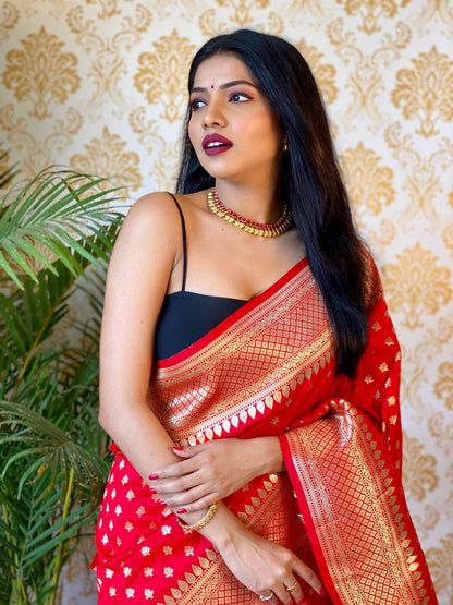 Lassitude Red Soft Banarasi Silk Saree With Lissome Blouse Piece