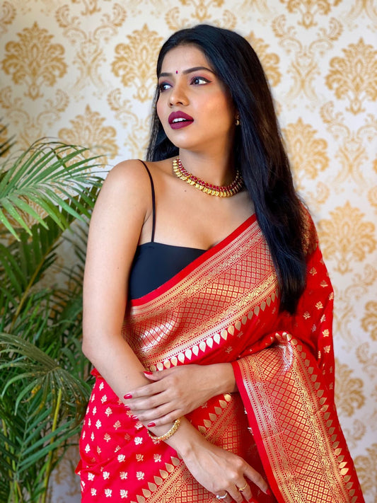 Lassitude Red Soft Banarasi Silk Saree With Lissome Blouse Piece
