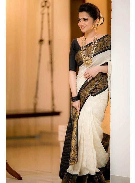 Off White Soft Banarasi Silk Saree With Panoply Blouse Piece