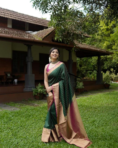 Staggering Green Soft Banarasi Silk Saree With Imaginative Blouse Piece