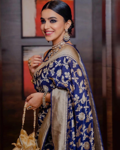 Imbrication Dark Blue Soft Silk Saree With Embellished Blouse Piece
