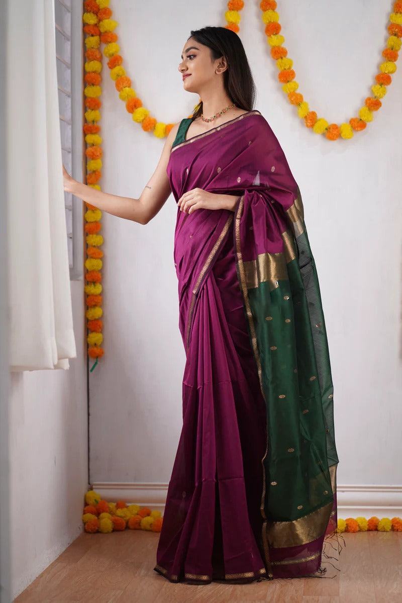 Mesmeric Wine Green Soft Banarasi Silk Saree With Opulent Blouse Piece