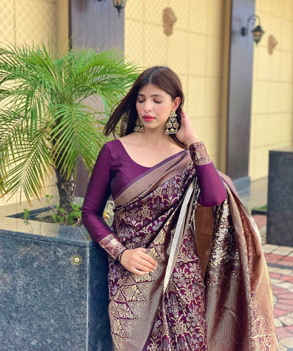 Captivating Wine Soft Silk Saree With Prominent Blouse Piece
