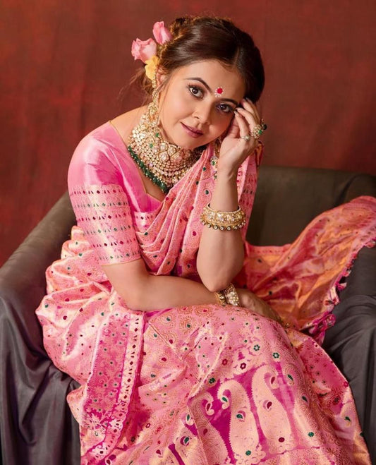 Opulent Pink Soft Banarasi Silk Saree With Ethnic Blouse Piece
