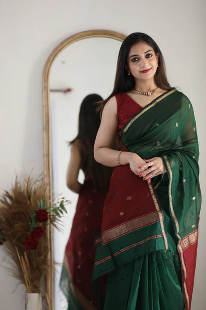 Mesmeric Green Maroon Soft Banarasi Silk Saree With Opulent Blouse Piece