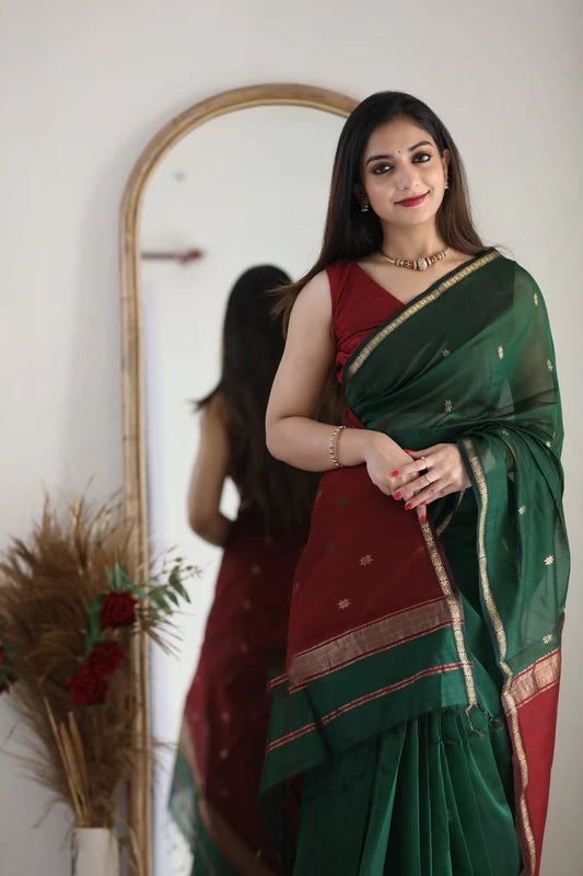 Mesmeric Green Maroon Soft Banarasi Silk Saree With Opulent Blouse Piece
