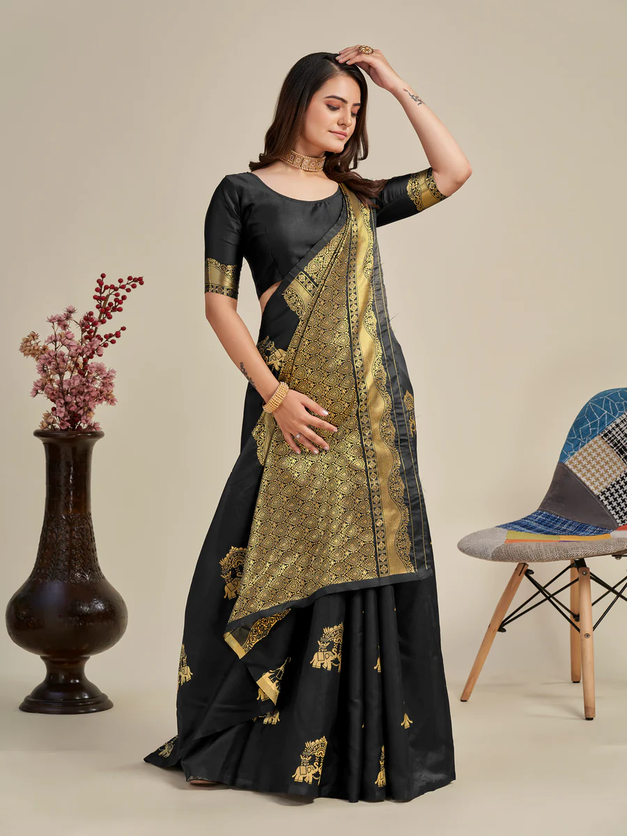 Charming Black Soft Banarasi Silk Saree With Pretty Blouse Piece